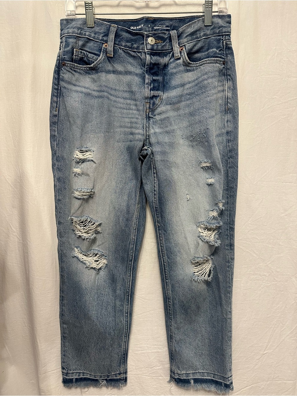 Old Navy High Rise Slouchy Straight Jeans 2 Distressed Button Fly 100% Cotton